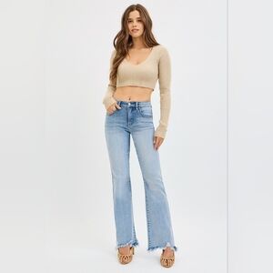 Risen Mid Rise Tummy Control Medium Wash Flare Jeans Distressed Hems Various NEW